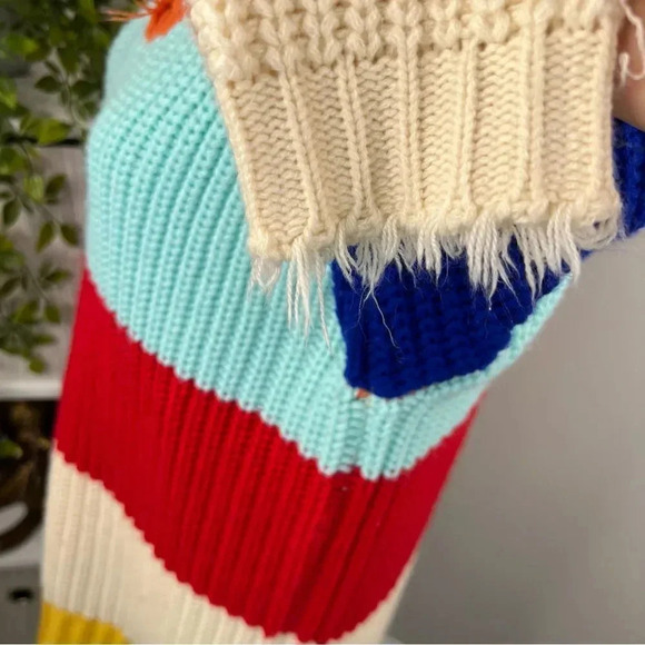 Dress Up Colorful Striped Tunic Sweater V Neck Frayed Trim Size S - Picture 5 of 11